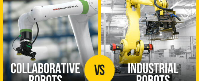 Image depicting a collaborative robot and industrial robot comparison.
