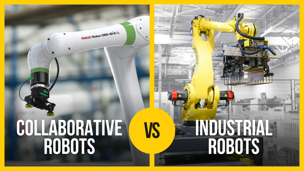 Image depicting a collaborative robot and industrial robot comparison.