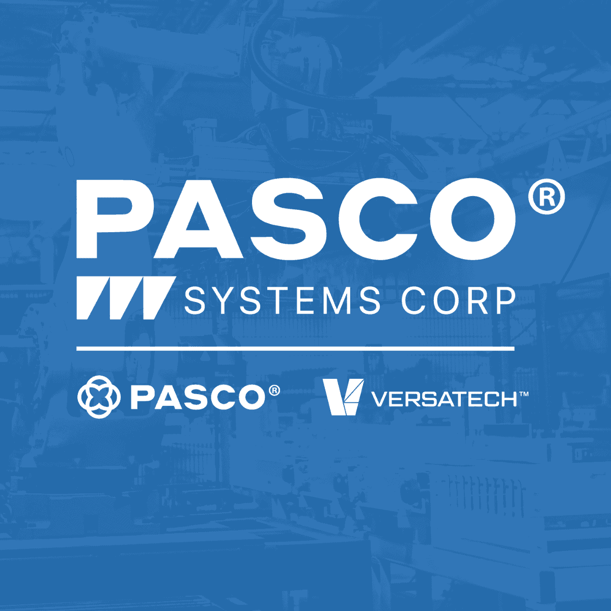 PASCO Systems Corp logo with background featuring automation equipment, emphasizing reliability in end-of-arm tooling solutions for various applications in automation.